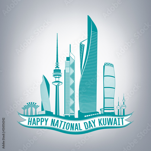 Happy National Day Kuwait Skyline Architecture Teal Icon