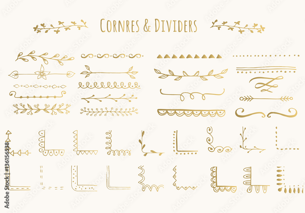 Vector golden corners and dividers. Isolated.