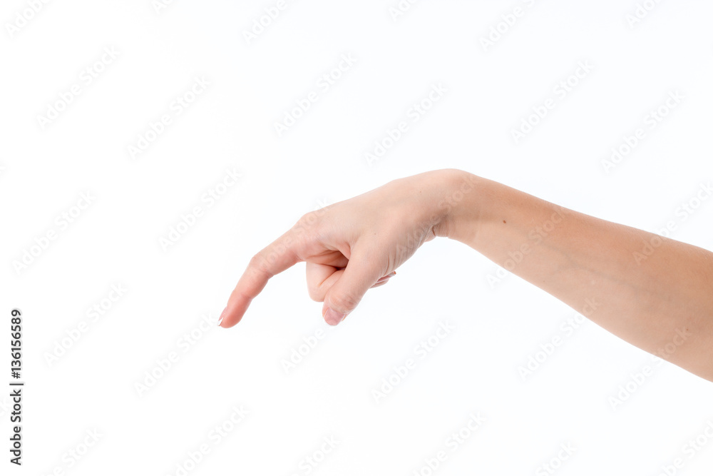 female hand with lowered down palms and forefinger isolated on white background