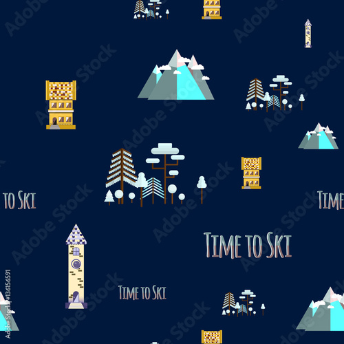 Seamless pattern with inscription  Time to ski. Flat design vector nature winter landscape illustration with houses, mountain, chairlift. Ski resort.