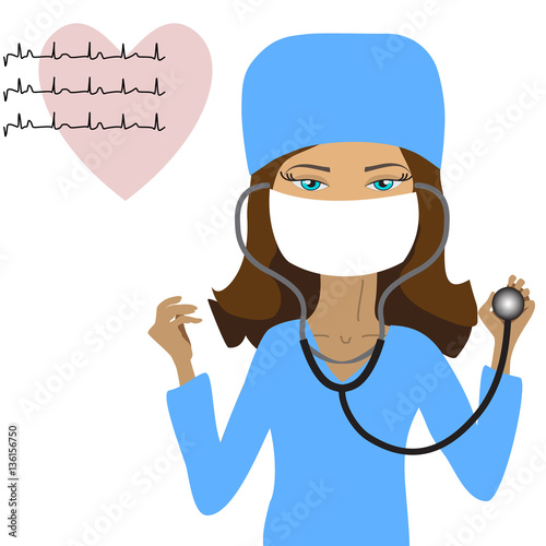 woman medic in a mask with a stethoscope in her hand on a backgr