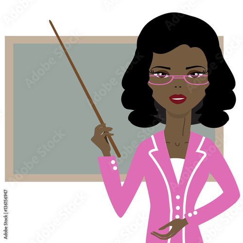 dark-skinned teacher with a pointer in glasses on white backgrou