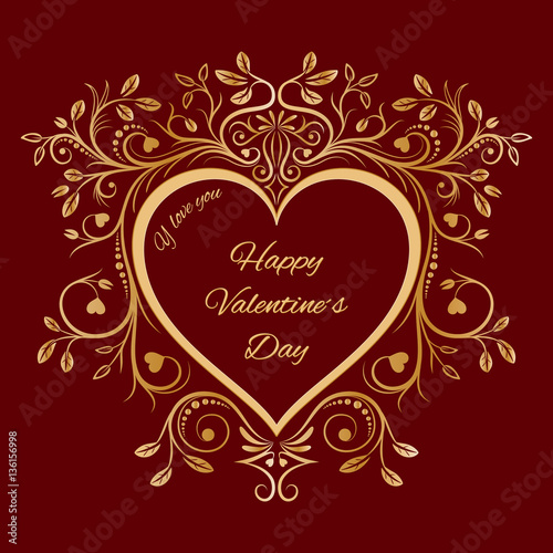 Gold Valentine heart. Vintage luxury elegant calligraphic design elements. Wedding symbol. Vector illustration.
