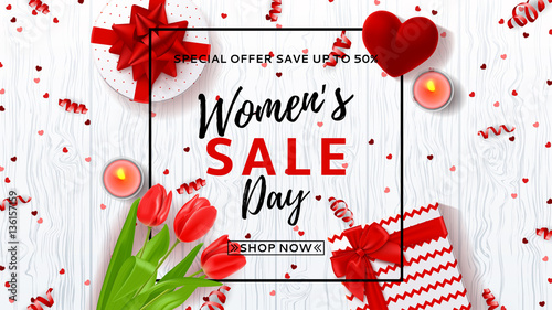 Web banner for Women's Day sale. Top view on composition with red tulips, gift boxes, red case for ring and candles. Vector illustration with serpentine and confetti on wooden texture.