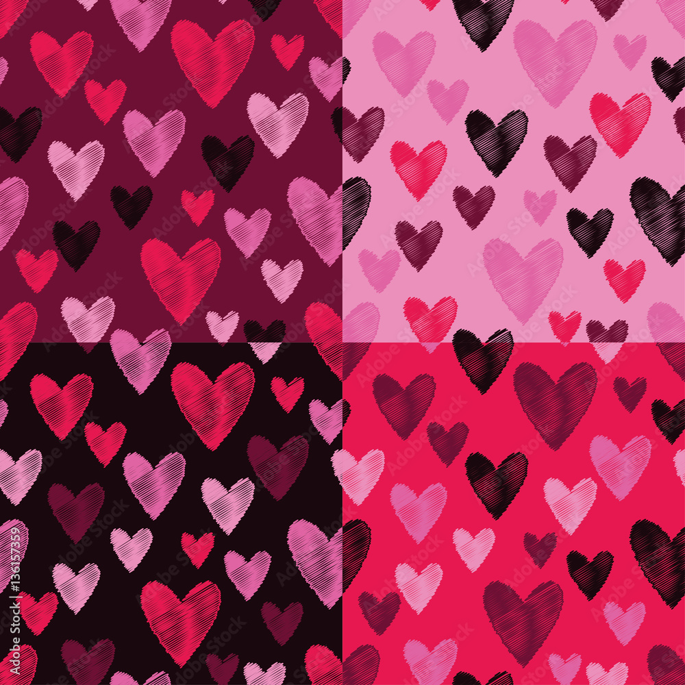 Set of 4 seamless vector background with decorative hearts. Valentine's day. Print. Cloth design, wallpaper.
