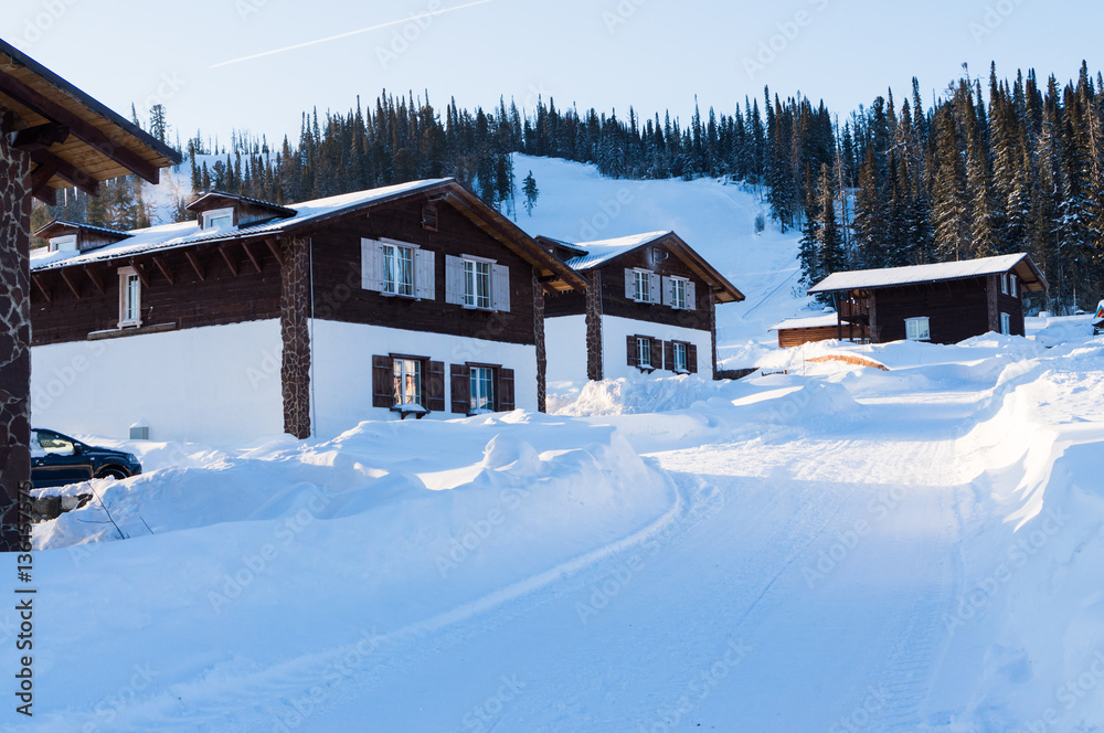 Fashionable ski resort in winter forest slopes in the daytime