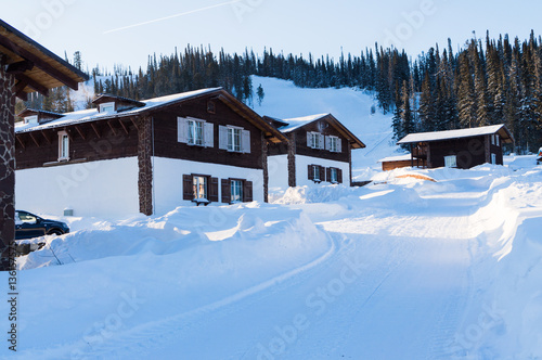 Fashionable ski resort in winter forest slopes in the daytime © valtrifon