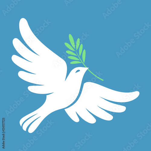 Silhouette of a flying dove with olive branch. White pigeon
