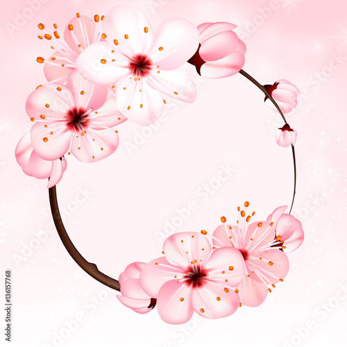 Spring background with pink blossom flowers. Vector 3d illustration. Beautiful vernal floral banner, poster, flyer. Springtime blooming apple tree. close up of branch, petal over rose bokeh backdrop.