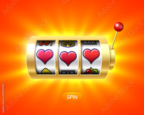 Three heart symbols on gold one-armed bandit slot machine, Valentines Day concept.