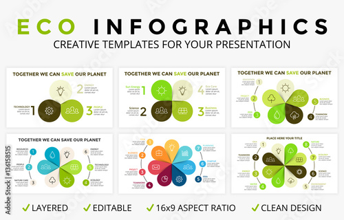 Vector circle arrows green leaves eco infographic. Ecology diagram, graph, presentation, chart. Organic nature concept with 3, 4, 5, 6, 7, 8 options, parts, steps.