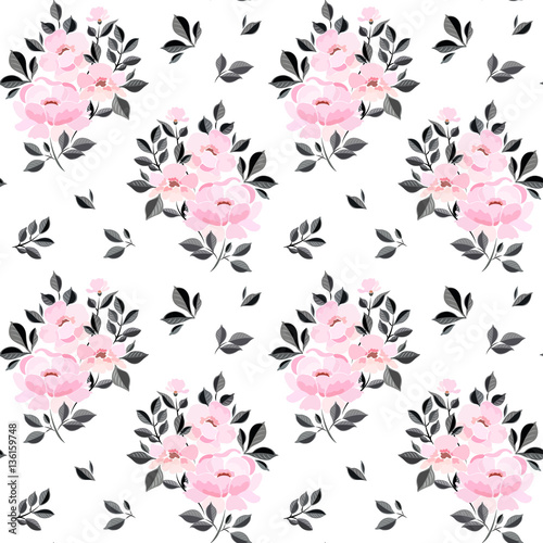Seamless pattern with a bouquet of pink flowers and black and gray foliage.