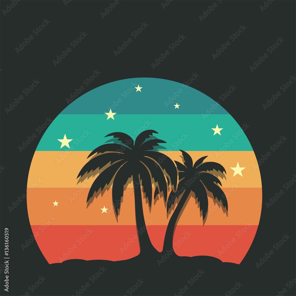 Naklejka premium Summer vacation on tropical beach Sunset, with Palm trees ,vector illustration