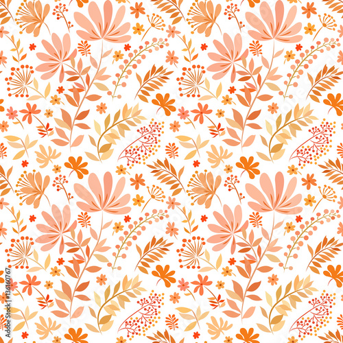 Seamless pattern with abstract elements of meadow plants in bright orange and red tones.