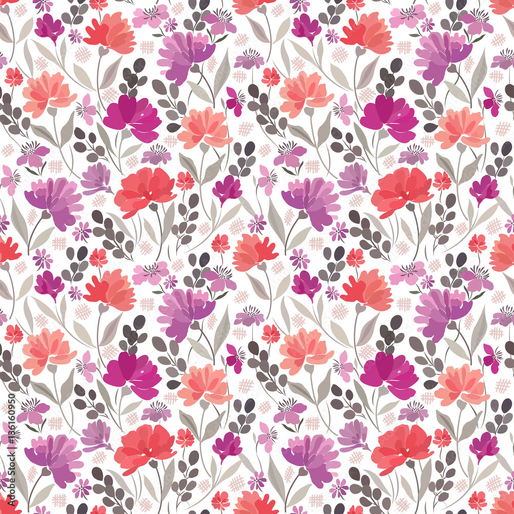 Seamless floral pattern with abstract meadow flowers on a white background.