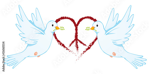 Peace doves and peace signs in heart shape