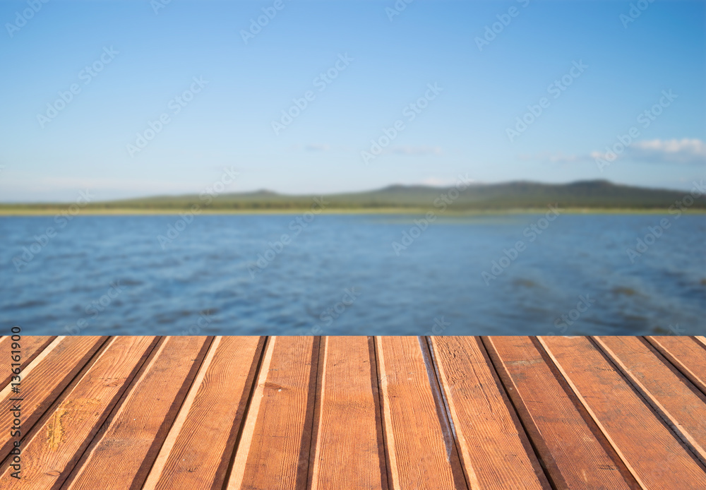 Empty wooden table island landscape