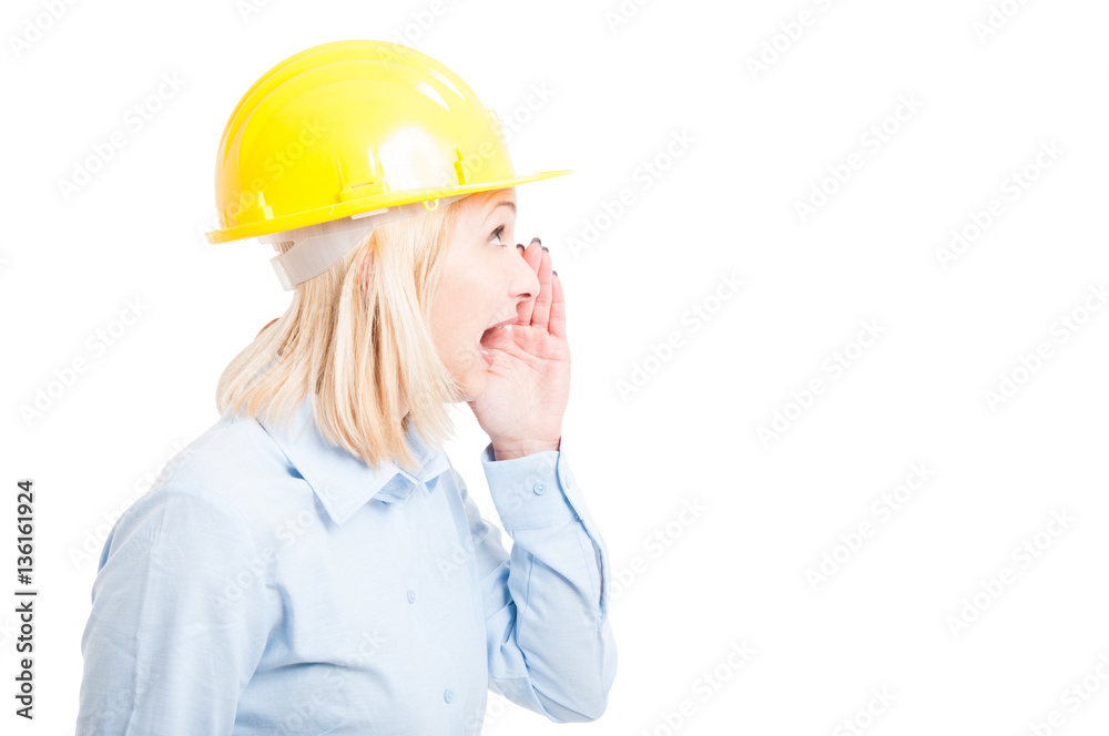 Side view female architect making shouting gesture Side view female architect making shouting gesture