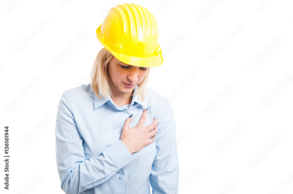 Portrait female engineer having a heart attack Portrait female engineer having a heart attack