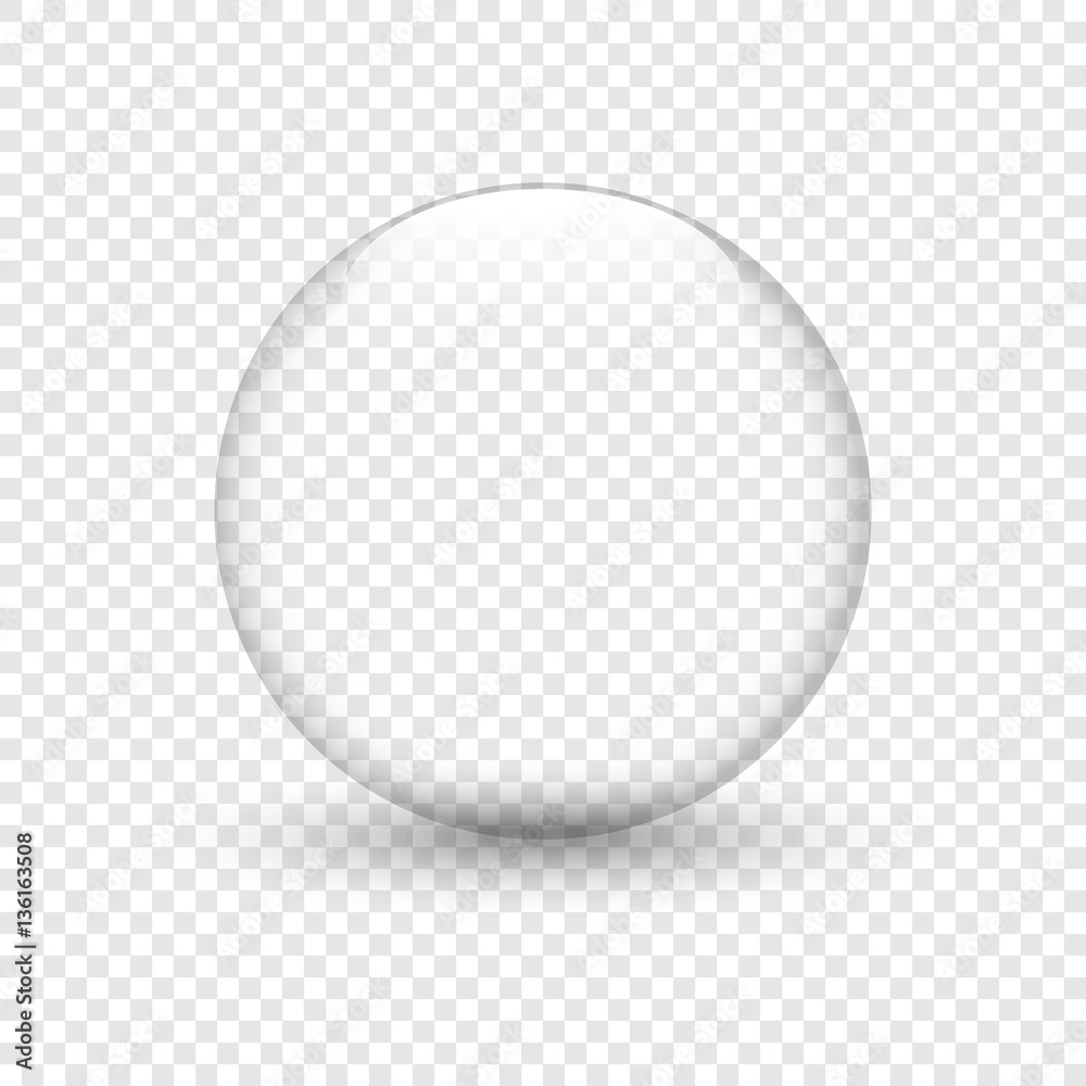 Glass bowl with shadow on isolated background. Water drop. Glass sphere