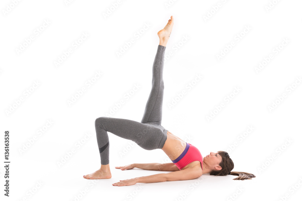Portrait of attractive woman doing yoga, pilates. Healthy lifestyle and sports concept. Series of exercise poses. Isolated on white.
