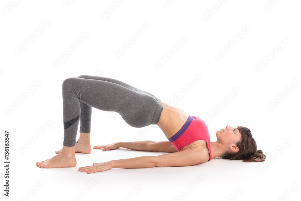 Portrait of attractive woman doing yoga, pilates. Healthy lifestyle and sports concept. Series of exercise poses. Isolated on white.