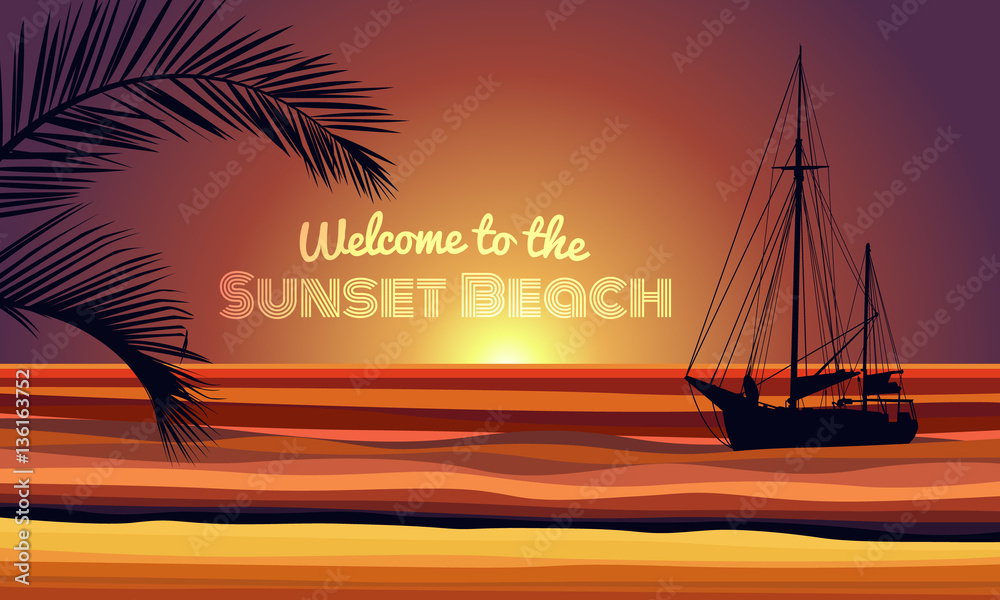 welcome to the sunset beach text with boat and coconut leaf on evening beach abstract background vector design