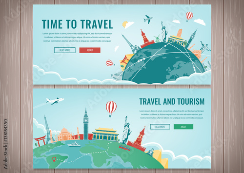 Travel composition with famous world landmarks. Travel and Tourism. Concept website template. Vector. Modern flat design