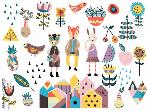 Plakat Zestaw elementów cute i stylów skandynawskich i zwierząt.