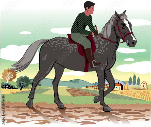 Horse and rider in an agricultural landscape with a farm