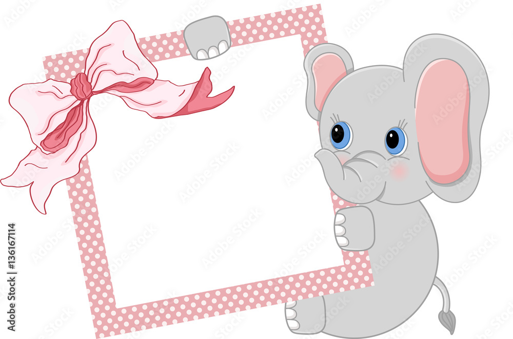 Obraz premium Baby elephant holding pink frame and ribbon 