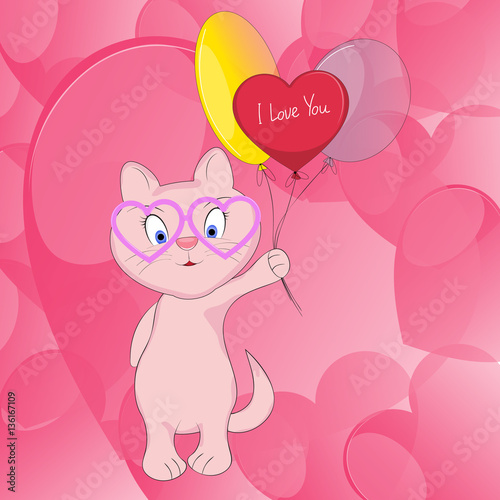 Cute cat with balloons. Valentines day card with kitten in cartoon style.