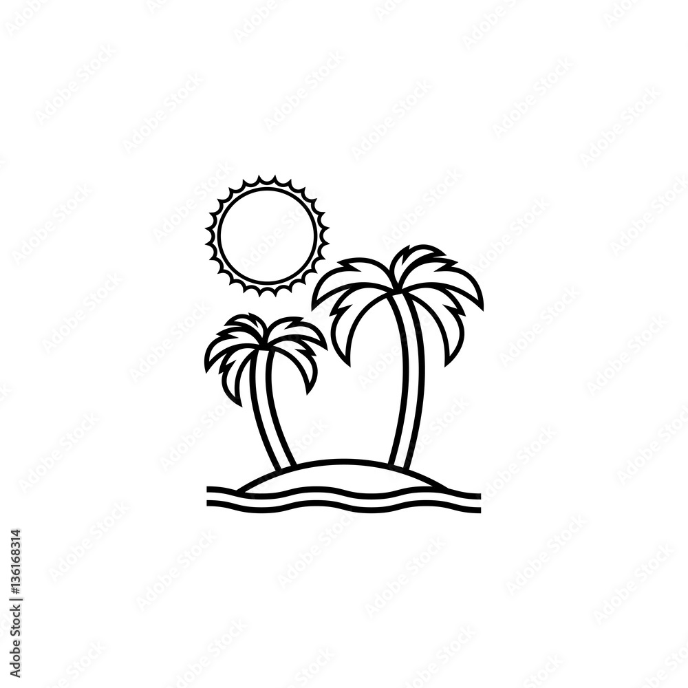 Island line icon, travel & tourism, sun and palm, a linear pattern on a white background, eps 10.
