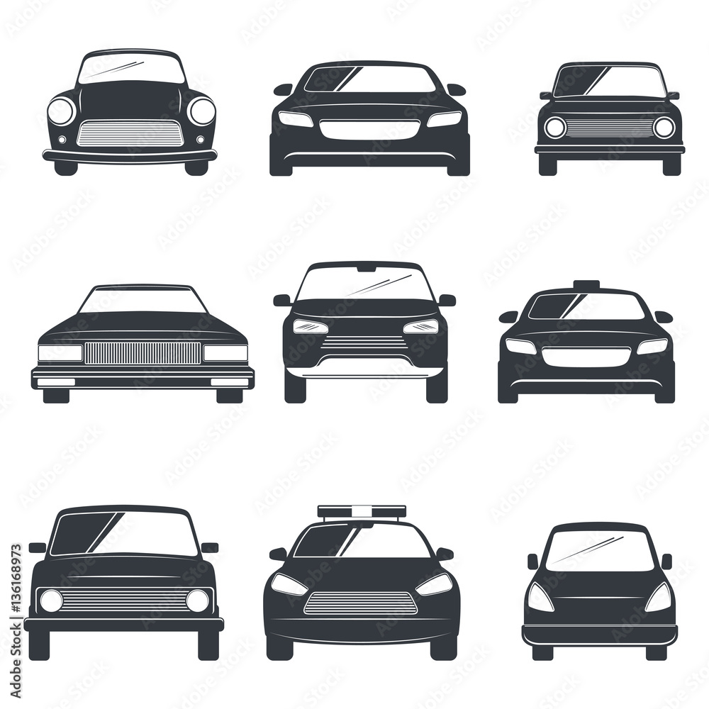 Vector set of different car icons  in front view