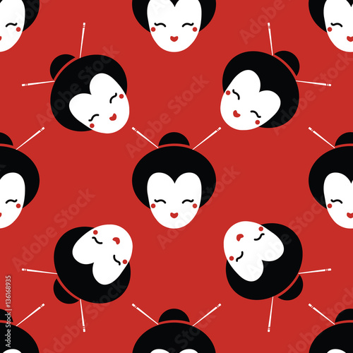 Bright seamless pattern with japanese dolls - kokeshi that bring good luck and prosperity. Vector illustration cartoon style.