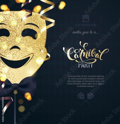Carnival Mask, Streamers And Confetti For Festive Background. Party Background with lights and serpentine. Vector illustration
