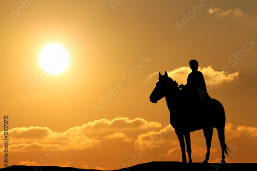 silhouette of a man on horseback in the beautiful sunset © YURII Seleznov
