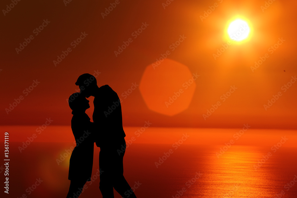 silhouette guy and girl on a beautiful sunset holding hands