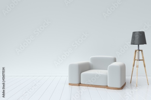 The interior has a sofa and lamp on empty white wall background 3D rendering