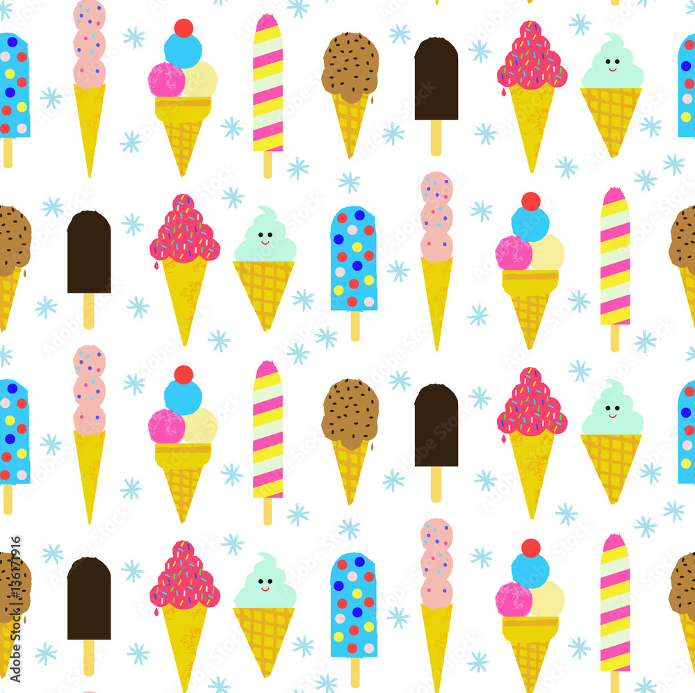 Seamless pattern of ice-creams. Tasty colorful ice cream. Vector illustration for web design or print Seamless pattern of ice-creams. Tasty colorful ice cream. Vector illustration for web design or print