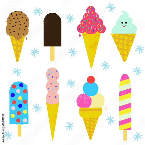 Set of ice-creams. Tasty colorful ice cream set. Collection ice-cream cones and Popsicle with different topping isolated on white background. Vector illustration for web design or print