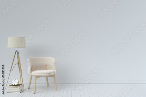 Interior with velvet armchair on empty white wall background, 3D rendering