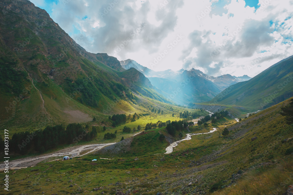Mountain river Baksan, ravine Adyr-Su, Elbrus area, Greater Caucasus Range.