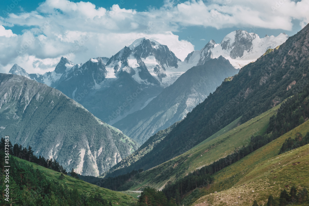 Mountain river Baksan, ravine Adyr-Su, Elbrus area, Greater Caucasus Range.