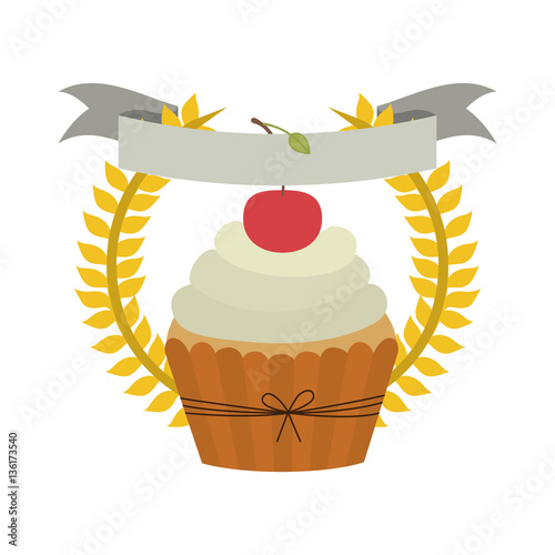 crown of leaves with cupcake with cream and cherry vector illustration