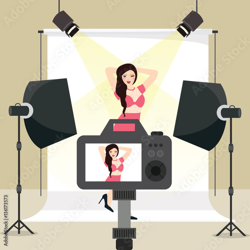 photo session in studio girl shoot behind camera equipment strobe background lighting