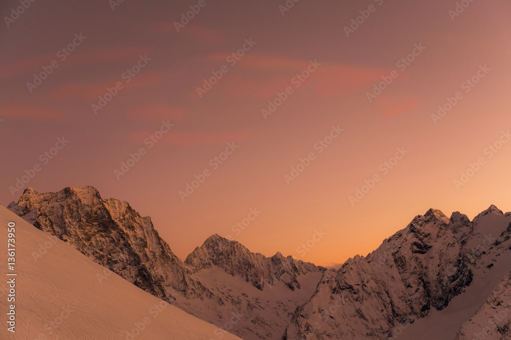the Caucasus mountains at sunset, Dombay