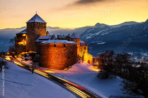 Vaduz, Liechtenstein. Illuminated castle of Vaduz photo