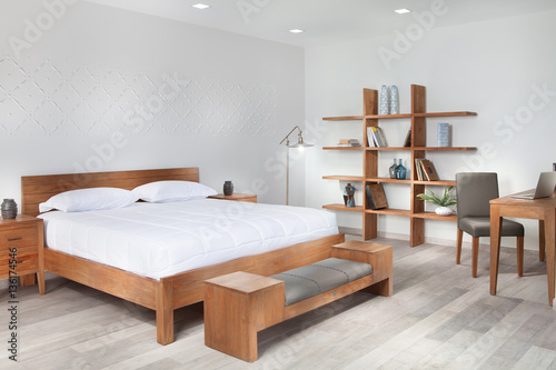 Panoramic view of nice white stylish modern bedroom