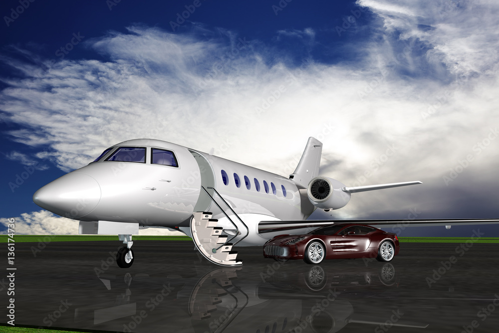 Obraz premium Privatjet mit Sportwagen auf dem Vorfeld eines Flughafens